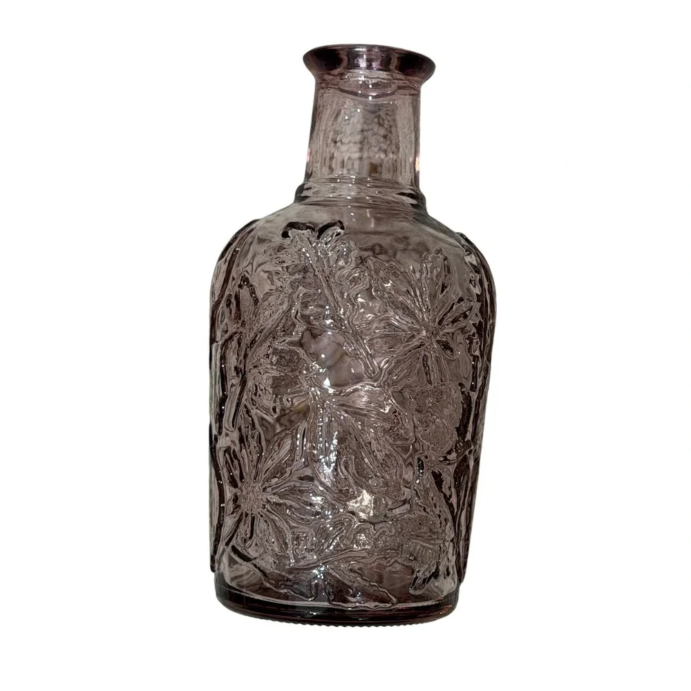 Vintage Amethyst Purple Embossed Glass Bud Vase Floral Leaf Pattern
